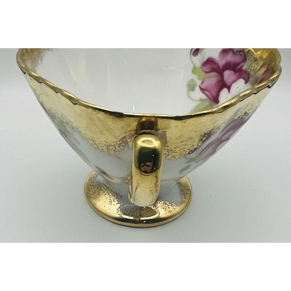 Norcrest Teacup Saucer Gold Encrusted Pansy Floral Footed China Japan Vintage